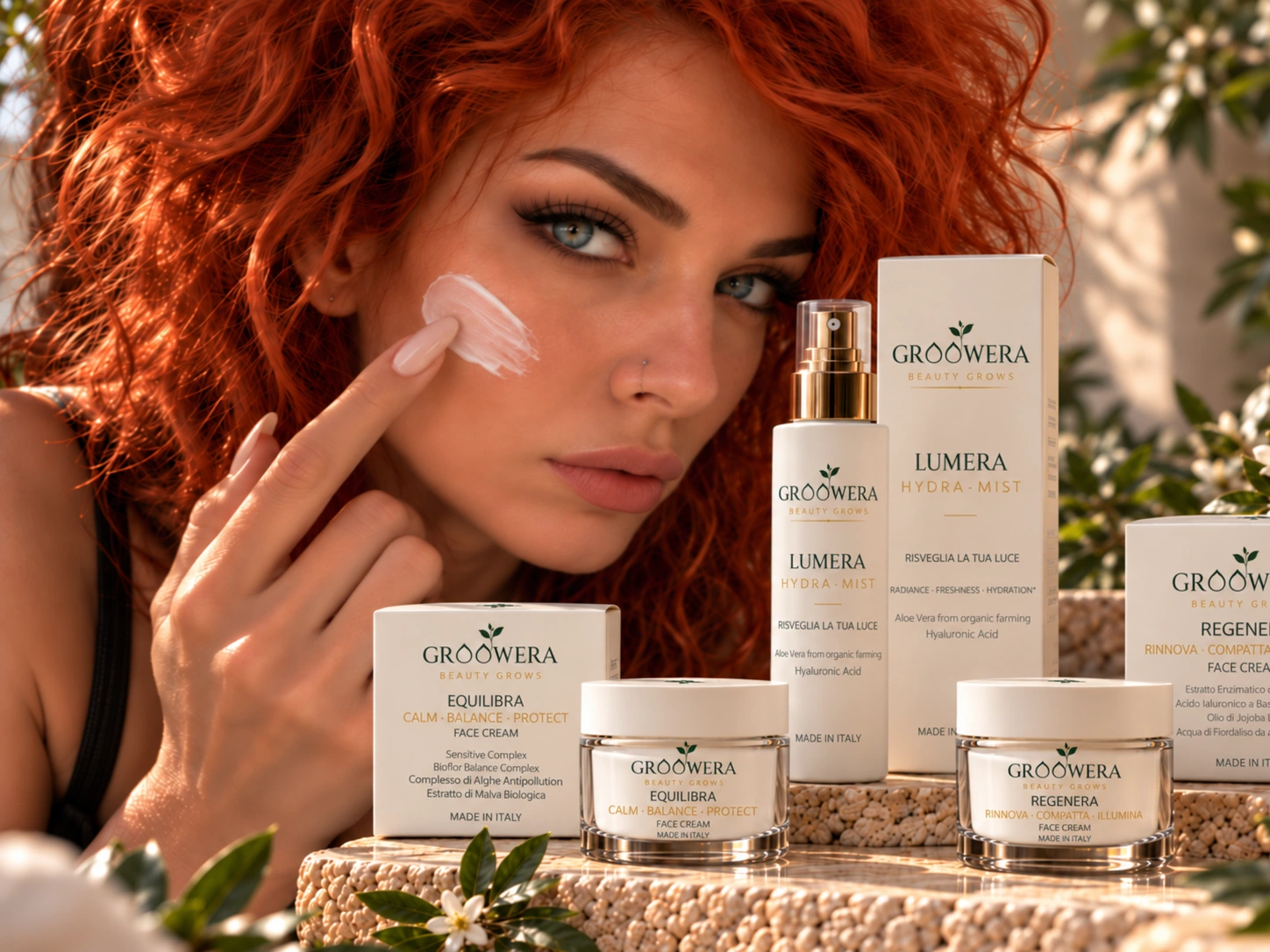 GROOWERA skincare collection with red-haired model, LUMERA, EQUILIBRA and REGENERA